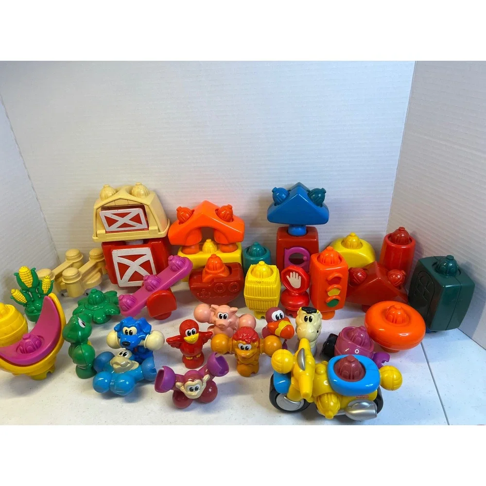 Fisher Price Pop Onz Building Blocks Lot Animals Barn Motorcycle Seesaw 30pc